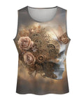 Fly Men's Skull Butterfly Tank Top Loose Fit Summer Sleeveless Tee Vintage Mechanical design with floral and gear graphics.