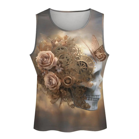 Fly Men's Skull Butterfly Tank Top Loose Fit Summer Sleeveless Tee Vintage Mechanical design with floral and gear graphics.