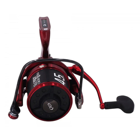 Basia Surf 45 SCW QD Surfcasting Reel For Long Casts In Big Waves With 4.1 To 1 Gear, red and black reel, side view