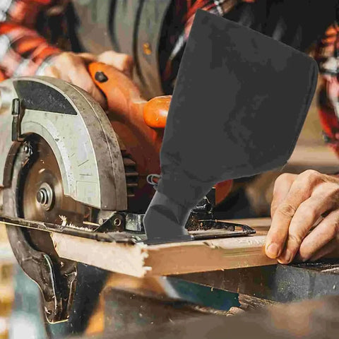 Rugged Heavy Duty Black Miter Saw Dust Collection Hood Pair With Zippered Table Saw Bag Polyester Dust Control Setup in use with a miter saw.