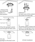Installation diagram for Dimmable LED Ceiling Spotlight With 360 Degree Swivel And Surface Mount, 10W COB Downlight, in 6 steps.
