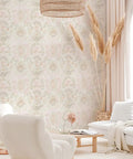 Living room with Pink Bohemian Damask Peel And Stick Wallpaper Removable Repositionable Boho Wall Covering For Easy DIY Decor No Glue Needed Mess Free 20.5 In By 16.5 Ft Made In The USA Great For Accent Walls And Furniture Refresh covering one wall.