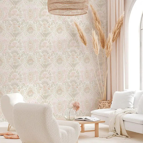 Living room with Pink Bohemian Damask Peel And Stick Wallpaper Removable Repositionable Boho Wall Covering For Easy DIY Decor No Glue Needed Mess Free 20.5 In By 16.5 Ft Made In The USA Great For Accent Walls And Furniture Refresh covering one wall.