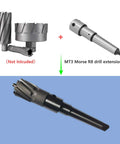 Two annular cutters with MT3 to 3/4 Weldon shank; Morse Taper 3 drill extension rod shown; cutters not included.