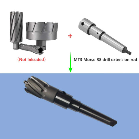 Two annular cutters with MT3 to 3/4 Weldon shank; Morse Taper 3 drill extension rod shown; cutters not included.