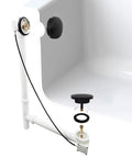 Heavy Duty Matte Black Bath Drain Plug With A Slick 35 Inch Cable Drive Pop Up Mechanism and Solid Brass Handle, installed view.