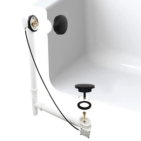 Heavy Duty Matte Black Bath Drain Plug With A Slick 35 Inch Cable Drive Pop Up Mechanism and Solid Brass Handle, installed view.