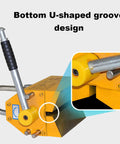 Built Like A Tank Permanent Magnetic Lifter With Quick Release Lever Crushing Up To Two Thousand Two Hundred Pounds showing U-shaped groove design.