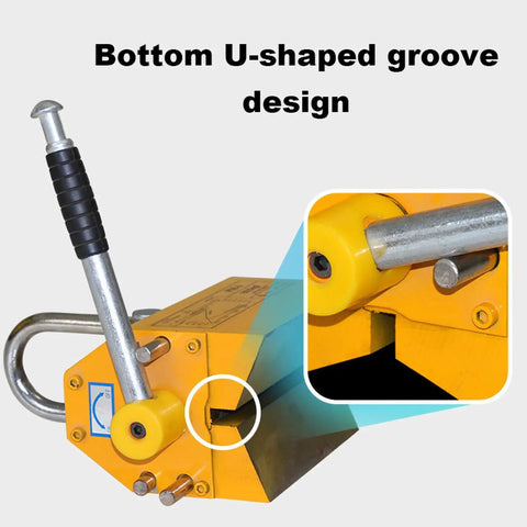 Built Like A Tank Permanent Magnetic Lifter With Quick Release Lever Crushing Up To Two Thousand Two Hundred Pounds showing U-shaped groove design.