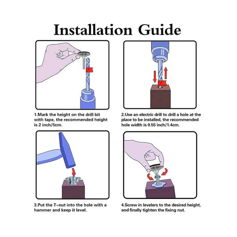 Installation guide for Adjustable Leveling Feet With T Nut Bolt 50mm Rock Solid Furniture Foot For Cabinets Restaurants Tables And Chairs Self Levelers 4 Pcs Set Durable Rust Resistant Easy Height Adjustment For Uneven Floors showing marking, drilling, and inserting T-nut.