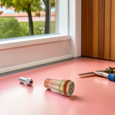 Heavy Duty Tig Welding Glass Cup Nozzle For Wp17 18 And 26 Torch 2.4mm on pink surface with tools in background.