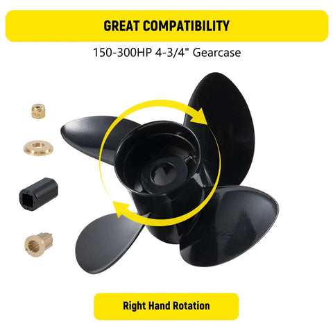 Fourteen Point Two Five Inch Diameter 19 Pitch Four Blade Aluminum Outboard Propeller For Mercury And Mercruiser Sterndrives 135 150 175 200 220 225 250 300 HP Right Hand Rotation Hub Kits Included Fifteen Tooth showing great compatibility