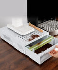Straight Fire Heavy Duty Stainless Steel Coffee Knock Box With Deep White Drawer Smooth for espresso, showcasing used grounds collection.