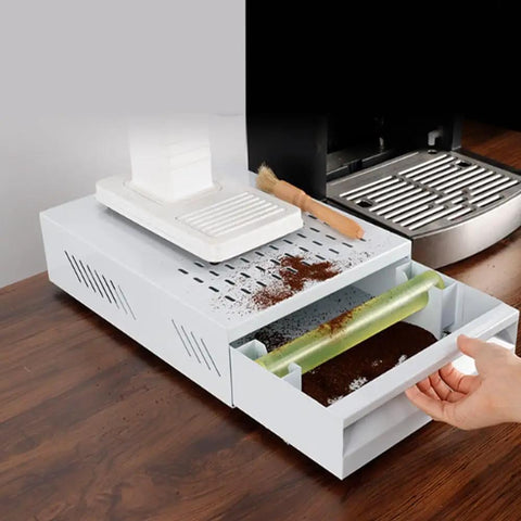 Straight Fire Heavy Duty Stainless Steel Coffee Knock Box With Deep White Drawer Smooth for espresso, showcasing used grounds collection.