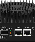 Badass Intel Alder Lake N100 Mini PC Router And Firewall System, compact black aluminum chassis with dual 10G fiber ports.