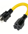 Heavy Duty 12 Awg Nema Four In One Adapter Cable Electrical Power Extension Cord With 15 Amp 125 Volt Plug close-up of yellow cable with black connectors.
