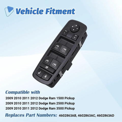 Power Window Switch With Door Lock For Dodge Ram 1500 2500 3500 Quad Cab Crew Cab Pickup 2009 2010 2011 2012 Replacement 4602863AB 4602863AC