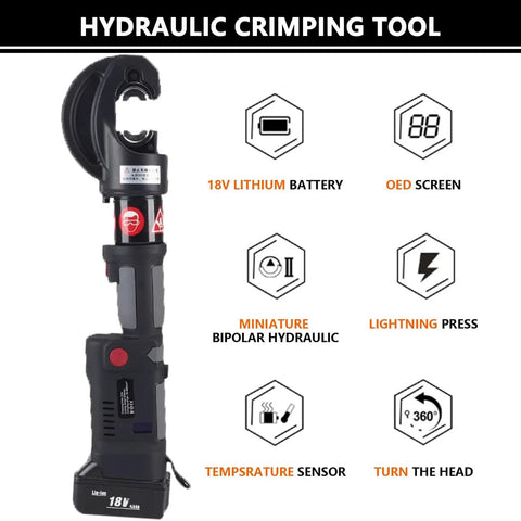 Upgraded 120KN Electric Hydraulic Cable Lug Crimping Machine With LCD Display And Two Rechargeable Batteries For Terminal Pliers 16-400mm Square Millimeter Crimper With Twelve Dies Fast Power Tool, showing ergonomic design and features.