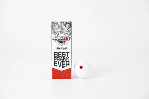 Loudest Golf Ball Ever For Pranks, Viral Sleeve Of Three Novelty Balls With Red Button Hit packaging and golf ball with red button