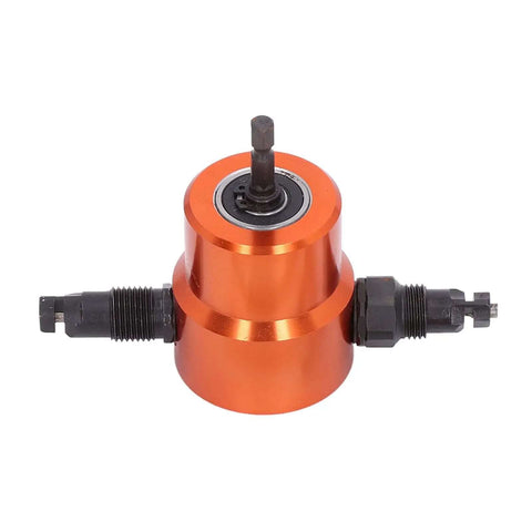 360 Degree Double Head Cutter Attachment For Sheet Metal Cutting And Drilling Electric Nibbler Tool, orange body, side view