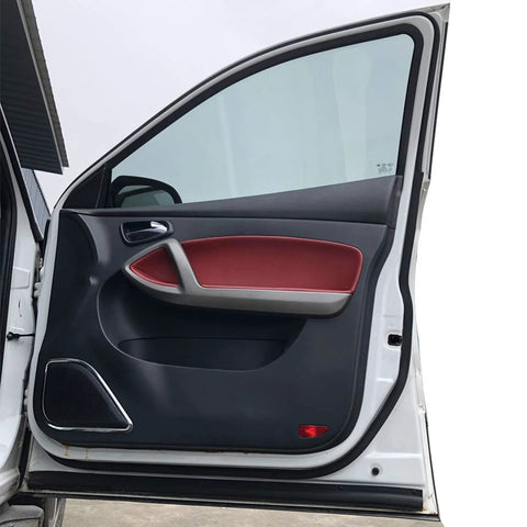 Automotive door weather strip seal; black rubber, self-adhesive, side view of an open white car door with red interior panel