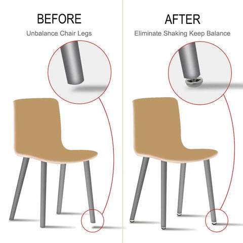 Before and after using Heavy Duty Adjustable Leveling Feet for Furniture M6 Screw On Glide Stems with 30mm Base on chair legs.