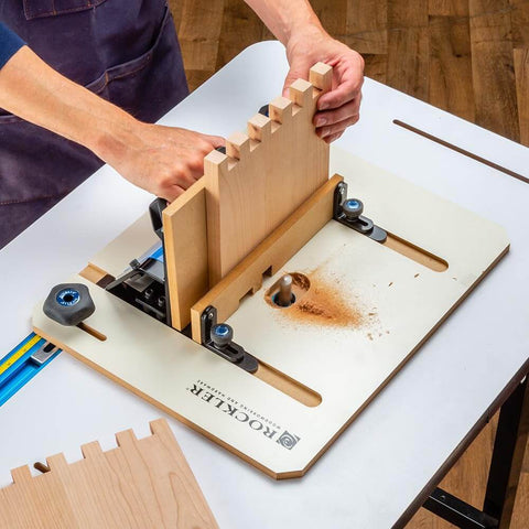 Box Joint Router Jig With Precision Indexing For Router Table, Smooth Glide Sled, and Durable Table Saw Jigs in use on table