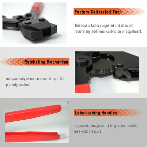 All In One PEX Cinch Clamp Tool Kit features factory calibrated tool, ratcheting mechanism, labor-saving handles, and ergonomic design.