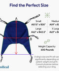 ProHeal Universal Patient Lift Sling Large 62 X 42.5 Inches size guide with weight capacity, divided legs for transfers.