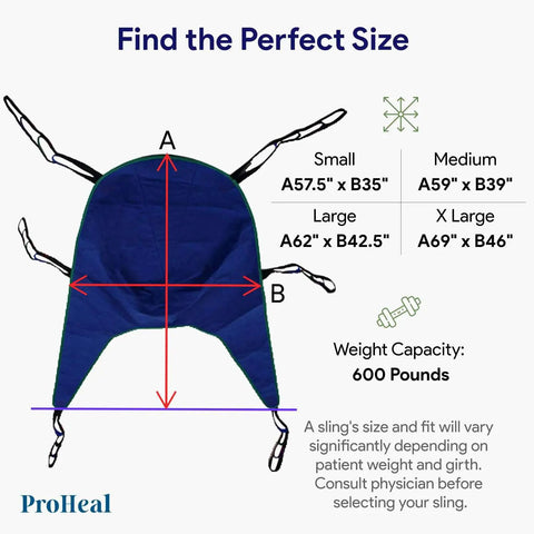 ProHeal Universal Patient Lift Sling Large 62 X 42.5 Inches size guide with weight capacity, divided legs for transfers.