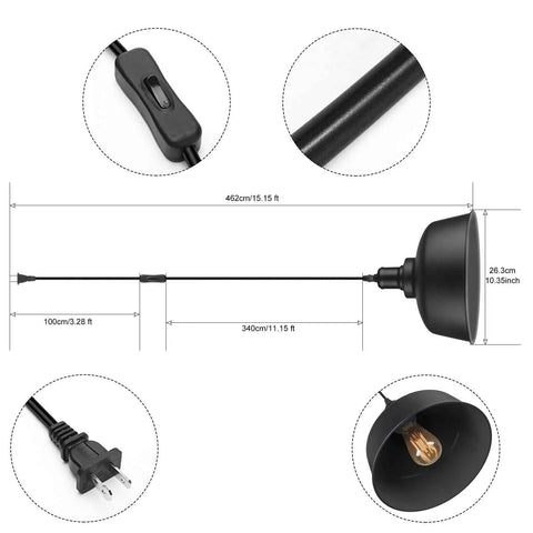 Diagram of Dope Industrial Pendant Light With Plug In Cord Retro E26 Hanging Ceiling Lamp On Off Switch Oil Black Shade 14.43 Ft Cord