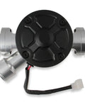 Beefy Billet Aluminum Electric Water Pump Beats Heat And Frees Up Lost Horsepower Delivers A Solid Fifty Gpm Flow Rate top view, featuring mounting brackets and wiring.