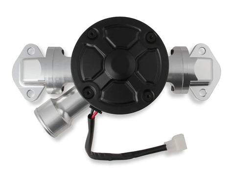 Beefy Billet Aluminum Electric Water Pump Beats Heat And Frees Up Lost Horsepower Delivers A Solid Fifty Gpm Flow Rate top view, featuring mounting brackets and wiring.