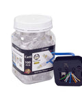 100 Pack Pass Through RJ45 Connectors For Cat6 Ethernet, 8P8C Gold Plated Ends next to crimping tool with visible wires