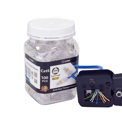 100 Pack Pass Through RJ45 Connectors For Cat6 Ethernet, 8P8C Gold Plated Ends next to crimping tool with visible wires