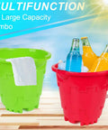 Castle Beach Toy Set For Kids 3 Pack 7 Inch Sand Buckets with drinks, green and red, ABS plastic, 2L capacity, beach play.