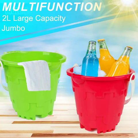 Castle Beach Toy Set For Kids 3 Pack 7 Inch Sand Buckets with drinks, green and red, ABS plastic, 2L capacity, beach play.
