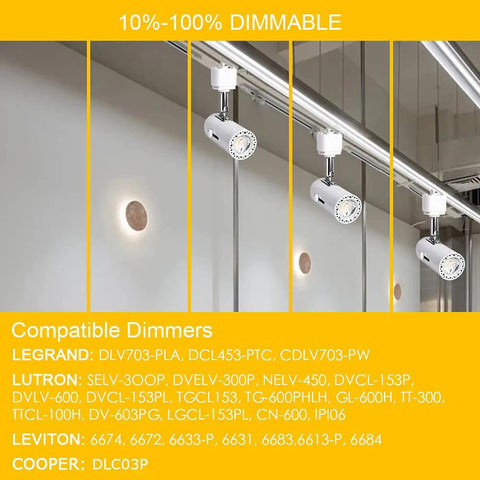 Dimmable H Track Lighting Heads With Adjustable 330 Degree Rotation And 90 Degree Tilt For Precise Accent Lighting, CRI 90 Plus LED Track Fixtures, 4000K Daylight, 120V Halo Type, White, 10 Pack with compatible dimmer list.
