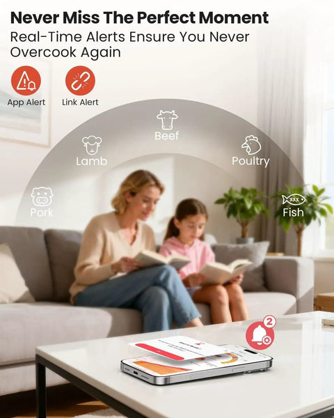Wireless Meat Thermometer With WiFi And Bluetooth Ultra Thin Probe And Six High Accuracy Sensors Plus Minus Half Degree Fahrenheit Digital Base Login Free Smart App Monitor Your Cook From Anywhere Perfect For Smoker Oven Or Rotisserie app interface on phone on coffee table