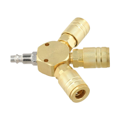 Three Way Brass Pneumatic Manifold With Quick Connect Brass Couplers for Seamless Air Lines In The Shop Or Garage Heavy Duty One Quarter Inch