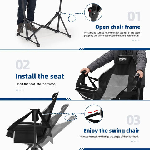 Setup steps for Ultra Comfy Portable Hammock Camping Chair with adjustable backrest, showing frame, installation, and angle adjustment.
