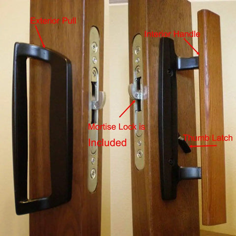 Sliding Glass Patio Door Handle Set With Oak Interior And White Diecast Exterior Finish showing interior handle and exterior pull.