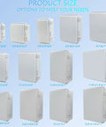 Outdoor Grade IP67 Waterproof Junction Box, Tough As Nails ABS Plastic Electrical Enclosure With Stainless Steel Latch And Hinged Cover, Includes Mounting Plate, Wall Brackets And Cable Glands, 260x160x100mm size options displayed