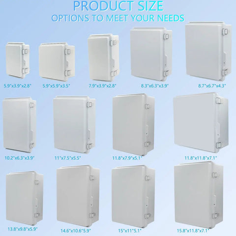 Bulletproof IP67 Junction Box In Heavy Duty ABS Plastic With Rock Solid Stainless Latch And Smooth Flip Cover sizes displayed.
