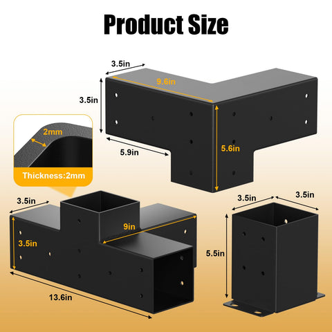 Heavy Duty 4x4 Pergola Bracket Kit For DIY Projects, 3 Way And 4 Way Corner Brackets, Weatherproof 13 Gauge Steel dimensions
