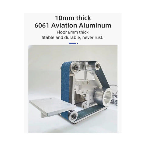 1500W Brushless Mini Electric Belt Sander With 36 By 2 Inch Wide Belt And Swiveling Grinder Head, showing 6061 aluminum base and sanding belt.