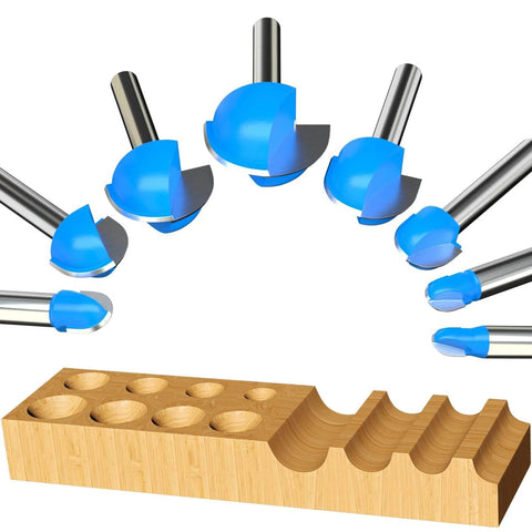 Core Box Router Bit Set For Woodworking With Solid Carbide Double Flute Round Nose, Eight Piece Kit, One Quarter Inch Shank, Cutting Diameters From One Quarter Inch To One Inch, Anti Kickback Design, Fast Cutting, Long Life, Pro Grade displayed with routed wood samples