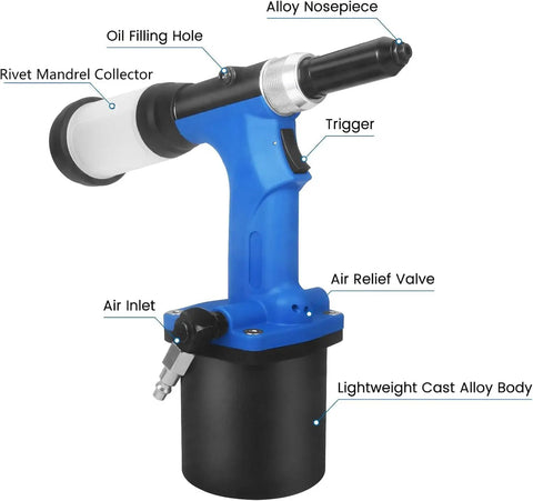 Pneumatic Pop Rivet Gun Kit Pro Grade With 20mm Stroke And 360 Degree Swivel components labeled for function and material