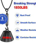 One Eighth Inch Black Stainless Steel Cable Wire Rope Beefy 250 Ft T316 Marine Grade 7x7 Strand For Cable Railing Hardware DIY Deck Railing System Ideal For Outdoor Decks Fences Balconies And Coastal Installations with breaking strength illustration showing rust and weather resistance.