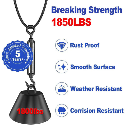 One Eighth Inch Black Stainless Steel Cable Wire Rope Beefy 250 Ft T316 Marine Grade 7x7 Strand For Cable Railing Hardware DIY Deck Railing System Ideal For Outdoor Decks Fences Balconies And Coastal Installations with breaking strength illustration showing rust and weather resistance.
